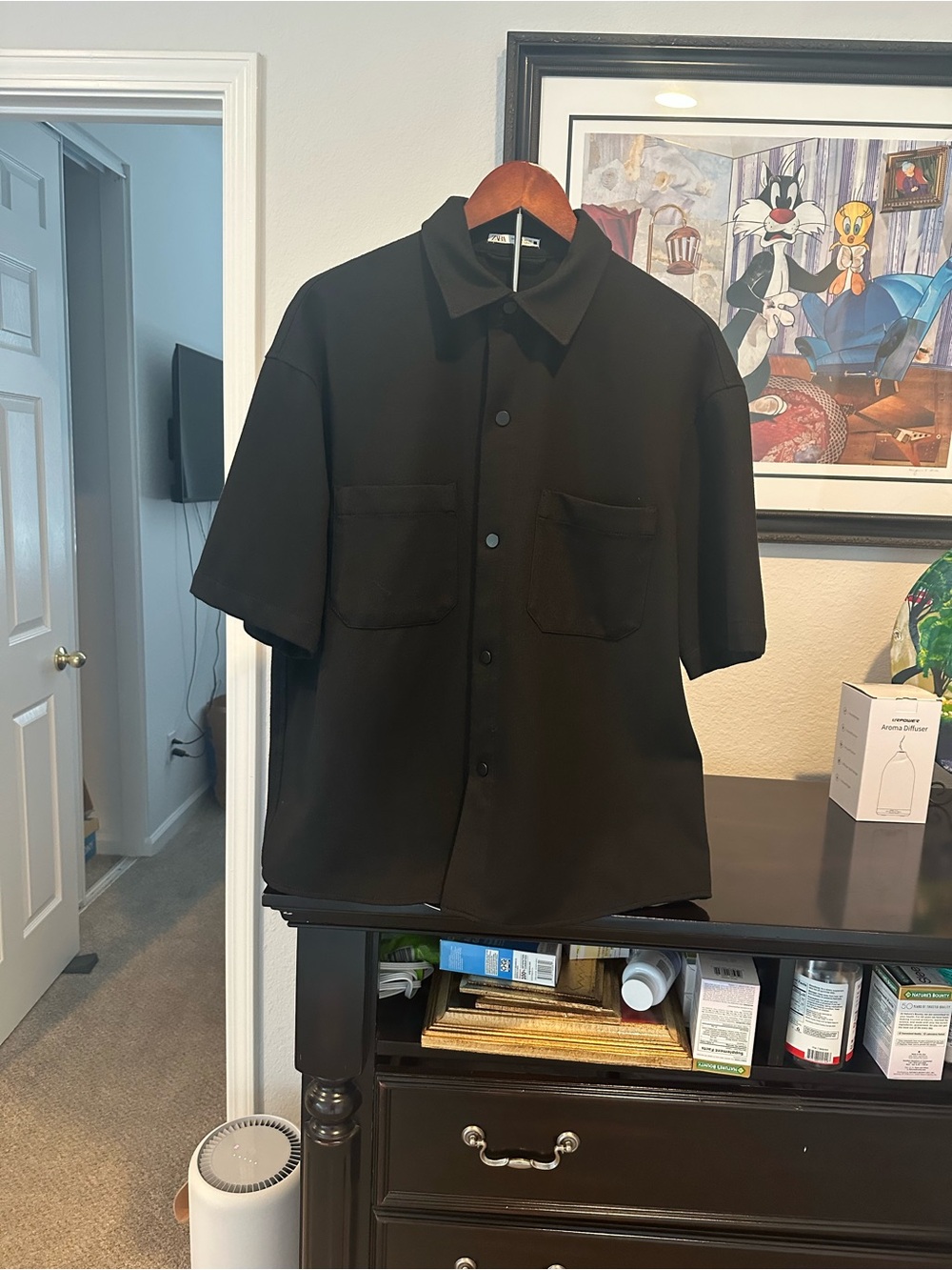 Zara Black Short Sleeve Button Down Shacket Utility Shirt Size Large